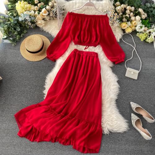 Summer Womens Sets Korean Style Pure Color Long-sleeved Short Cut-waist Chiffon Top + Stretch Waist Ruffled Skirt Sets