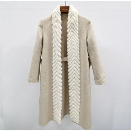 Womans Cashmere Coats Fluffy Mink Fur Placket Warm Luxury Outerwear Winter Fashion Lady Long Sleeves Coat New