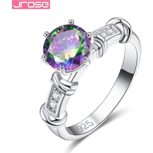 JROSE Wedding Round Cut Wholesale Mystic Fire Rainbow White Black Cubic Zirconia Jewelry Silver Ring Size 6 7 8 9 Women Gifts