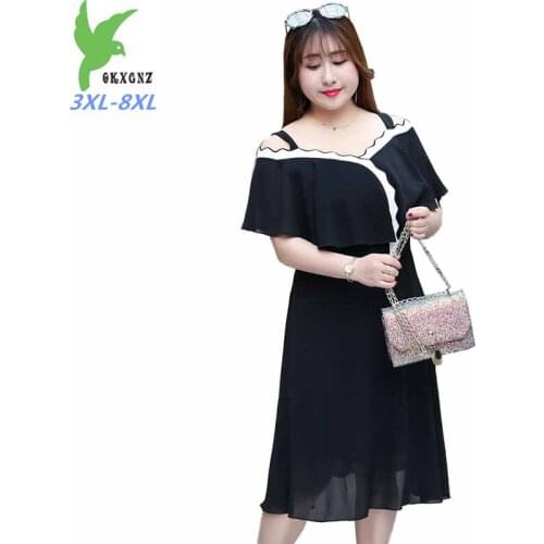 Plus size 3XL-8XL Summer Dress Women 2019 Exposed shoulder Sling Dress Feminine Elegance Short sleeve Double layer Black Dresses