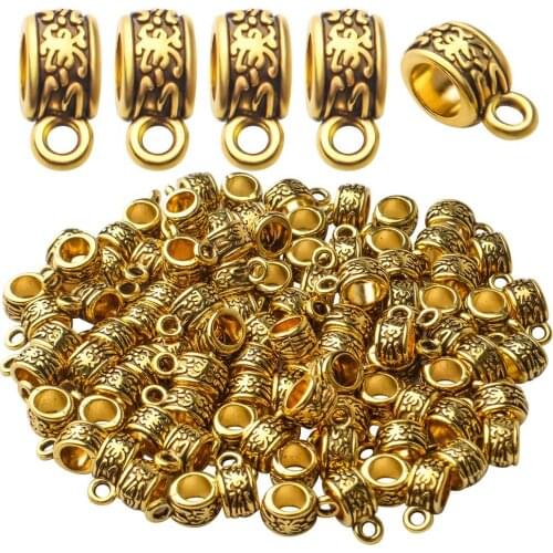 100pcs Antique Gold Bail Tube Beads Tibetan Alloy Column Bail Beads Tube Beads with Loop Beads Connector for Jewelry Making