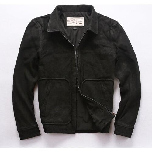 2019 Mens Scrub sheepskin real leather jacket Vintage do old casual leather coat men autumn black goat skin flight jacket male