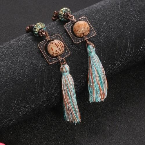 2021New Bohemian Tassel Drop Earrings For Women Retro Silk Fabric Tassel Wooden Beads Long earring Girls Fashion Gift Jewelry