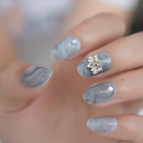 24Pcs Marble Texture Short Diamond Crown Mixed Nail Tips Wholesale Full Cover Nails Gels Nails Artificial False Nail