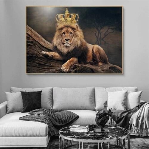 African Lion King Wearing A Crown Canvas Painting Wild Animal Posters Prints Wall Picture for Modern Living Room Home Decoration