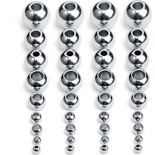 New Fashion 50pcs/lot 3/4/6/8/10mm Stainless Steel Big Hole Spacer Beads Silver Color Round Beads For Bracelets Jewelry Making