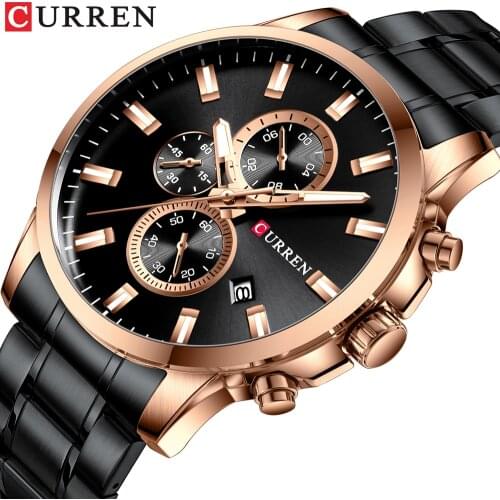 New CURREN Classic Sporty Black Watch Men Chronograph Stainless Steel Quartz Watches Male Wristwatch Luminous Hands Reloj Hombre