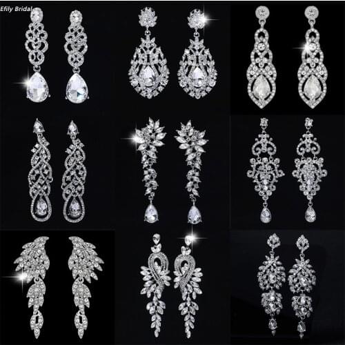 Efily Fashion Crystal Drop Earrings for Women Accessories Luxury Rhinestone Long Bridal Wedding Earring Party Jewelry Gifts
