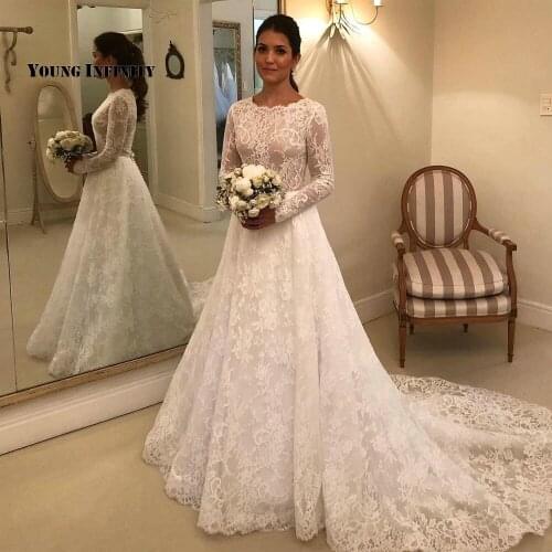 Glamourous A Line Wedding Dresses 2021 Long Sleeves Bridal Gown Illusion Back Scoop Court Train Applique White Plus Size Bride