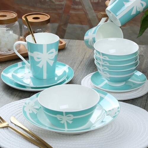 Ceramics Bowl Breakfast Food Fresh Fruit Salad Sugar Water Bowl Dessert Plate Kitchenware Utensils Wedding Gifts Blue Bow