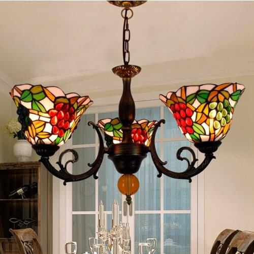 European-Style Creative Tiffany Colored Glass Bedroom Restaurant Study Hall Garden Grape Glass 3-Head Chandelier