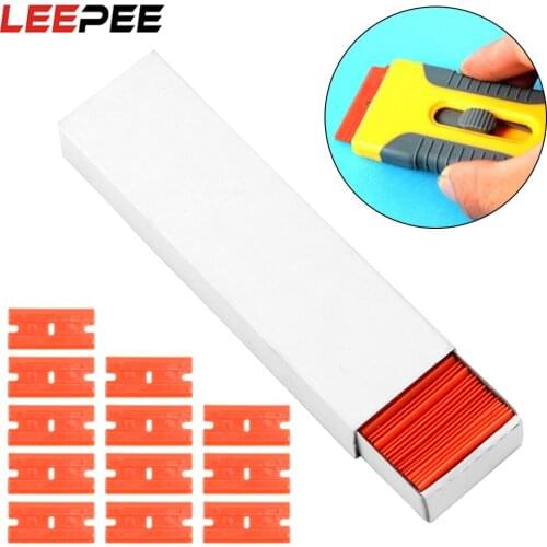 LEEPEE 100pcs Car Wrap Sticker Squeegee Lable Clean Razor Glue Remover Double Edged Plastic Razor Blade Window Glass Scraper