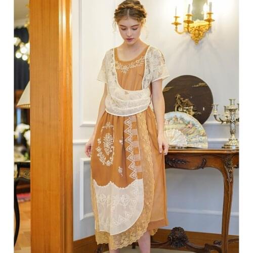 Summer French Women Vintage Mori Girls Ladies Retro Exotic Casual Loose Embroidery Lace Patchwork Long Dress robe femme