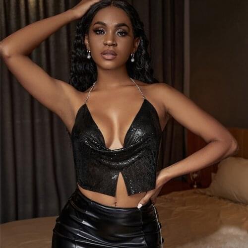 Summer New Style Hip Hop Jazz Dancing Tops Sexy Black Metal Sequins Vest Nightclub Gogo Dance Stage Costume Clubwear YS2043