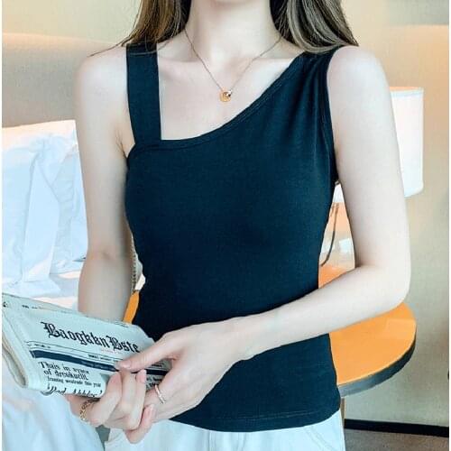 LJSXLS Women Sleeveless Tank Top Pure Cotton Slim Skew Collar Camisole Womens Casual All-match Tops Female External Wear Clothes