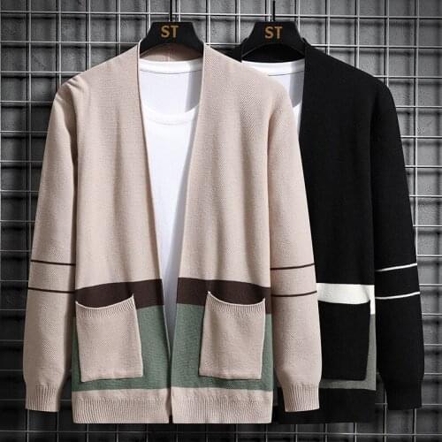 2021 Autumn Korean Slim Fit Mens Patchwork Quality Sweaters Mens Cardigan Knitted Sweatercoats V-Neck Jacket Male M-3XL K913