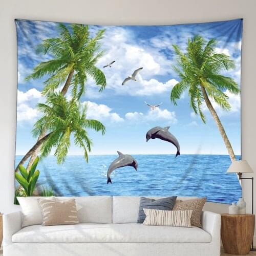 Ocean Animals Tapestry Dolphins Whales Blue Sea Waves Green Plants Palm Tree Landscape Bedroom Living Room Wall Hanging Blanket