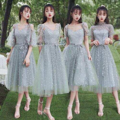 Bridesmaids Dress Illusion V-Neck A-Line Luxury Gray Lace Tulle Vintage Knee-Length Sashes Elegant Women Wedding Party Gown E119