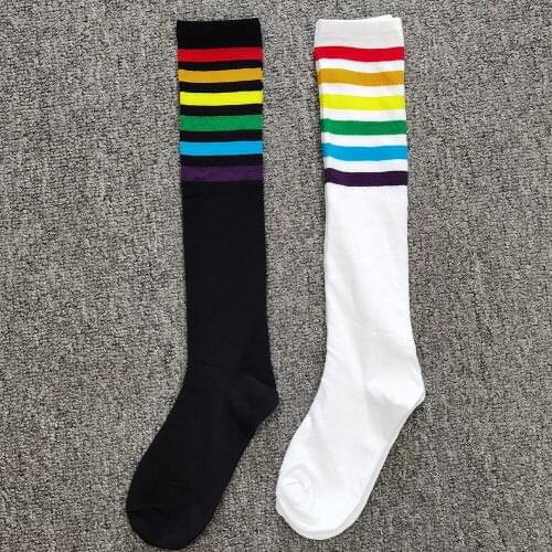 Stripe Ladies Socks Rainbow Socks Knee-Socks Knit Students Lovely Autumn Winter Kawaii Youth Beautiful Stockings Cute Woman