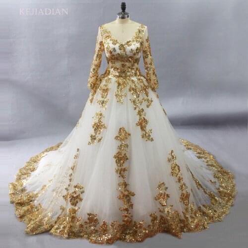 Newest Sexy Long Sleeve Design Vestidos De Boda Plus Size Amazing Muslim Wedding Dresses With Gold Lace Wedding Gowns With Veil