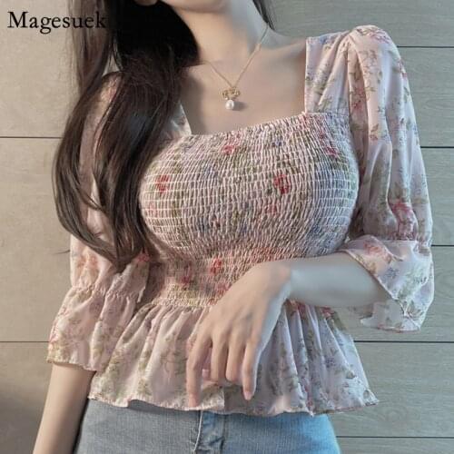 Korean Sweet Floral Flare Short Sleeve Vinatge Blouse Women Fashion Lace Up Print Shirt Square Collar Summer Tops Blusas 14399