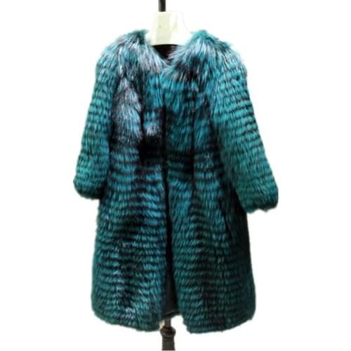 Green real fur coat of natural raccoon fur strip sewed toghter autumn winter warm fur jacket excellent quality 100cm length C122