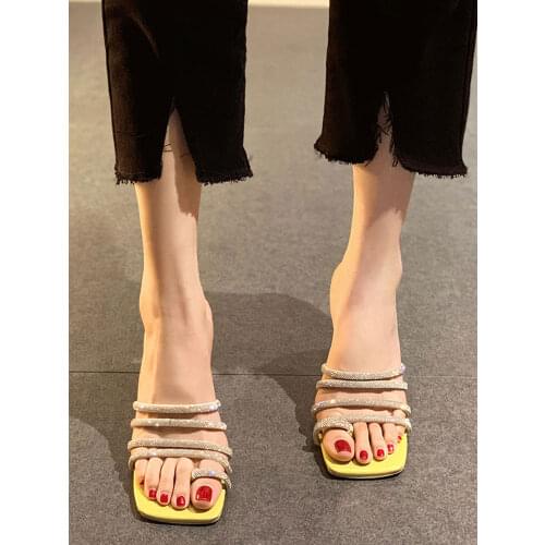 Outdoor Slippers Womens Shoes 2021 Summer New Style Set-toed Flashing Diamond Heterosexual Heel Fashion High Heels Slippers