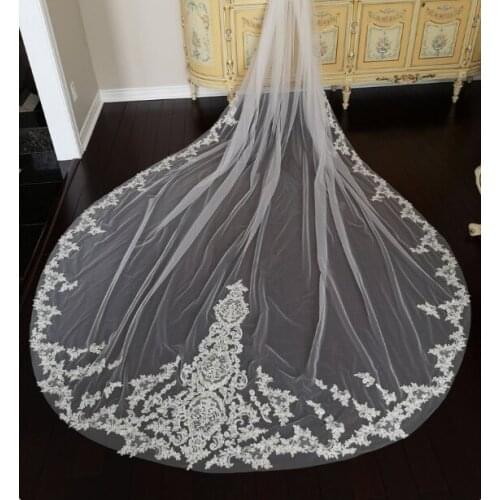 Unique wedding veil / cathedral veil ivory with lace appliques / cathedral drop veil