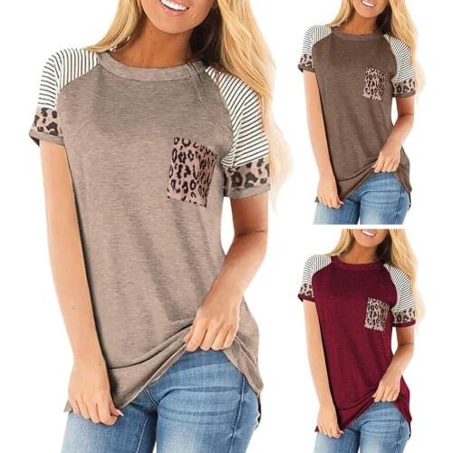 3XL Women Casual O Neck Short Sleeve Pocket Leopard Stripes Patchwork Blouse T-shirt Summer Loose Plus Size Shirt