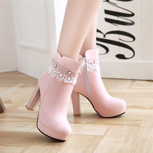 Winter New pattern High-heeled Coarse heel Мартин сапоги Waterproof Thick bottom Large code white Women Boots Autumn lace boots