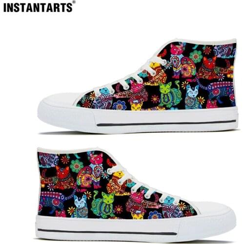 INSTANTARTS Colorful Cartoon Cats Printed Spring High Top Womens Comfort Sneakers Women Casual Flats Light Walking Shoes Female
