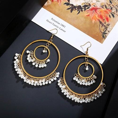 Womens Gold Big Round Indian Jhumka Earrings 2020 Ethnic Gypsy Pearl Tassel Drop Earring Fashion Jewelry