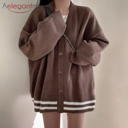 Aelegantmis 2021 Fashion Oversize Knittied Cardigan Women Korea Lazy Style Loose Sweaters Female Winter Warm Causal Coats Stripe