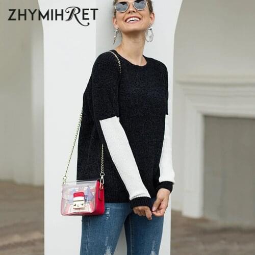 ZHYMIHRET Autumn Pink Womens Sweater Casual Patchwork Long Sleeve Pullover Knitted Winter Warm Jumper Pull Femme 2019