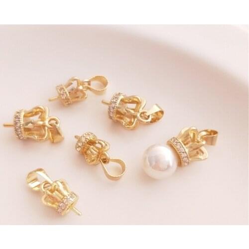 14K Gold Filled Inlaid zircon crown half hole pearl crystal pendant clasp handmade DIY empty bracket accessories