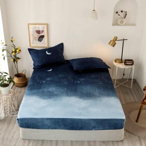 3 pcs Bed Sheet Blue Night Sky Reactive Prined Bed Sheets and Pillowcase drap de lit Sheet on Elastic Bed sheet