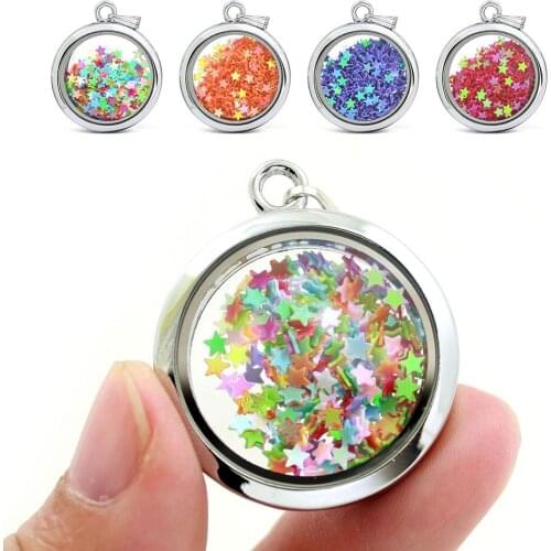 30mm Silver Round Seal Glass Floating Locket Necklace Pendant With Sequined Stars LSFL072