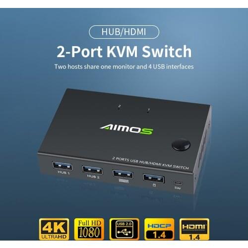 AIMOS AM-KVM201CC 2-Port KVM Switch HDMI-compatible splitter 10Gbps USB Switch Splitter for 2 PC Sharing Keyboard Mouse Printer