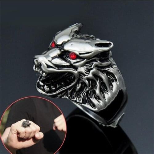 Classic Punk Gothic Style High Quality Metal Red Zircon Eye Wolf Head Ring