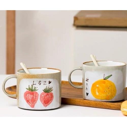 Coffee Cup Ceramic Cute Mug With Spoon Orange Strawberry Milk Tea Breakfast Oatmeal Drinking Water Mugs складной стака