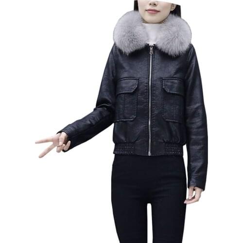 Leather Jacket 2021 Winter Women Warm Top New Female Fashion Fur Collar Plus Size Coat Thickened Cotton PU Leather Jacket OK1046