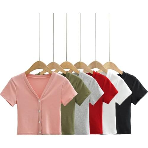 Sexy Knitted Button Crop Tops T Shirts Women Summer V Neck Short Sleeve Skinny Tshirt Korean Style Casual Slim Stretch Clothes