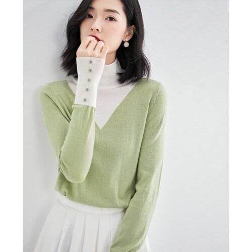 Fashion contrast color pullover sweater women Autumn and Winter new womens loose short half turtleneck bottoming sweater 19066