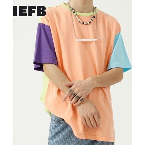 IEFB mens clothing summer new Korean contrast color splicing short sleeve t-shirt mens and womens lovers' fashion tops 9Y8339