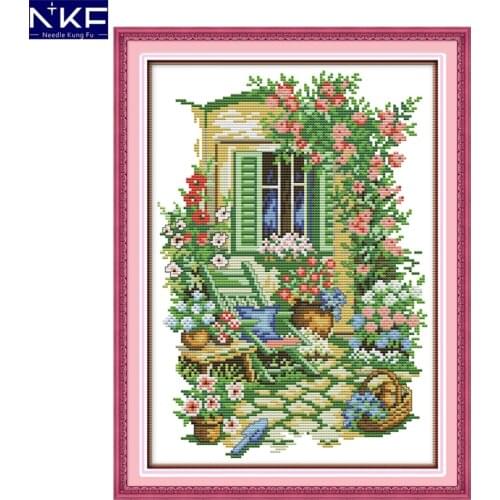 NKF Garden Corner Chinese Cross Stitch Pattern DIY Needlework Embroidery Counted Cross Stitch Painting for Home Decor