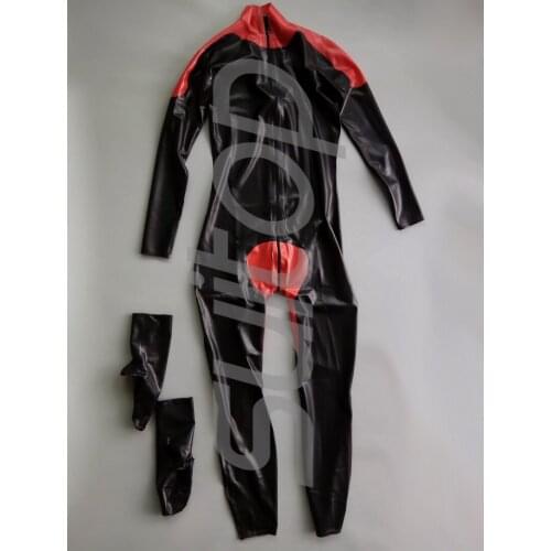 New mens Latex catsuit with socks separat (front zip ) in main black and red trim