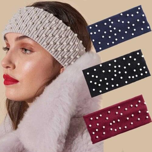 New Winter Solid Color Wide Turban Knitted Cotton Beaded Hairband Pearl Headband for Women Girls Elastic Hair Bands Accessories
