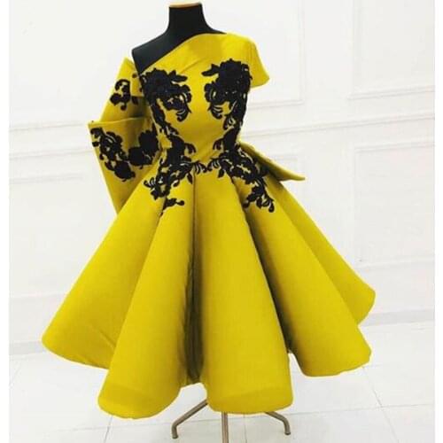 Real Image Gold Lace Puffy A-line Tea Length Evening Dresses 2021 Ruffles One Shoulder Formal Party Dress Modest Prom Gowns