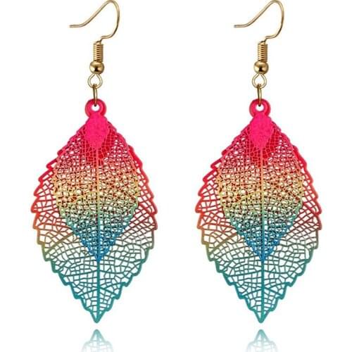 Double leaf tassel Hollow Leaf Earrings Retro Colorful Dangle Earrings simple retro color metal Double Leaf Drop Earrings