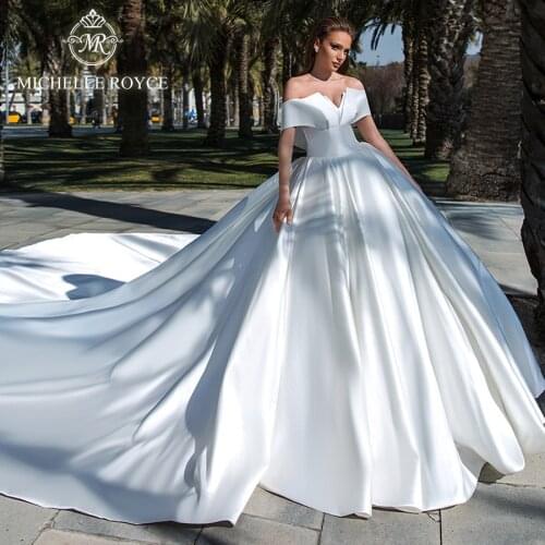 Michelle Royce Ball Gown Wedding Dresses 2020 Sexy V-neck Off the Shoulder Simple Cathedral Train Wedding Gowns Vestido De Novia